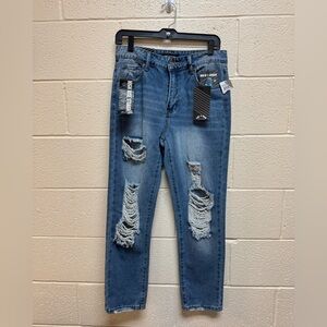 High Rise Straight Distressed Blue Jeans